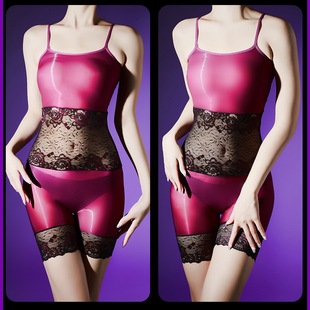 腰部蕾丝拼结油光丝袜连身短裤 女花边吊带连体袜男肩带抹胸连身袜