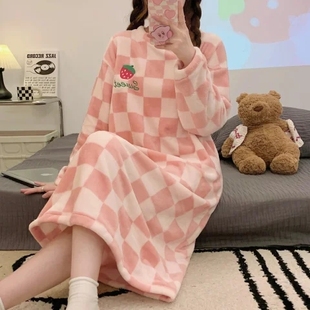 睡衣女春秋法兰绒睡裙薄款中长款珊瑚绒初中学生大童12-18岁少女