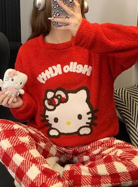 新年红色绒睡衣厚款少女半边绒