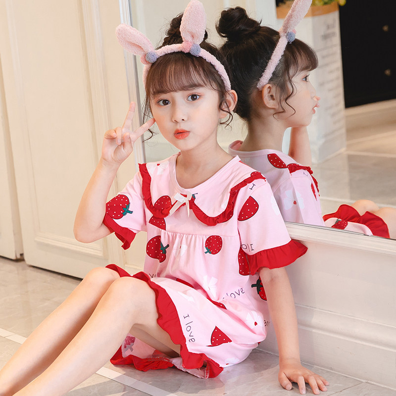 儿童睡裙女夏季短袖纯棉宝宝小孩小女孩公主亲子女童睡衣家居服