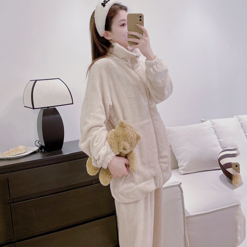 冬季法兰绒保暖女睡衣拉链可外穿