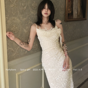 fortylions 亮片人鱼吊带裙可拆卸花朵飘带连衣裙睫毛蕾丝亮片裙