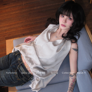 fortylions V领露肩挂脖吊带无袖A字花苞裙摆上衣女修身吊带上衣