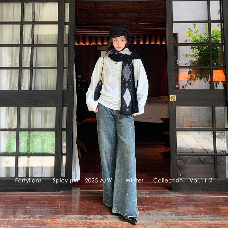 fortylions闪钻加绒牛仔裤复古直筒休闲裤高腰亮钻阔腿直筒牛仔裤