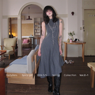 fortylions 圆领无袖连衣裙长款收腰大摆裙A字修身针织长裙女裙子