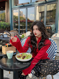 【现货】fortylions四十只狮 红色针织立体花朵春季内搭打底毛衣