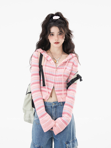 fortylions四十只狮 粉色针织开衫女毛衣外套辣妹短款长袖上衣秋