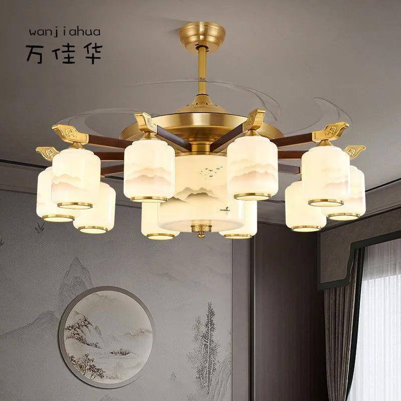 新中式客厅风扇灯铜加木别墅餐厅吊扇灯主卧室吊灯2024年新款,家装灯饰光源,智能吊灯,淘宝优惠券,粉丝福利购,淘宝优惠卷