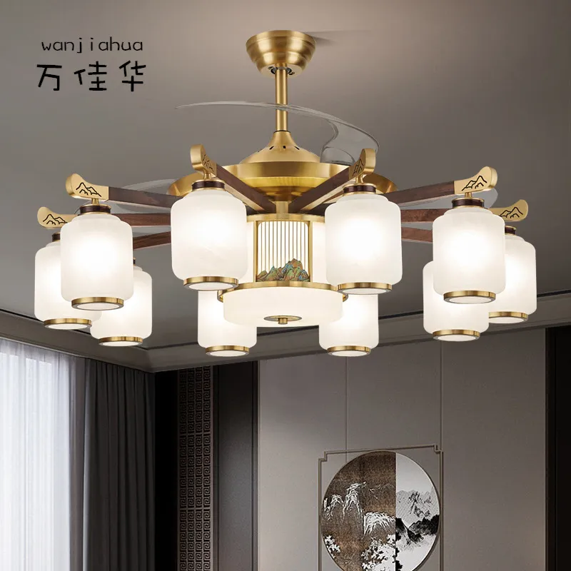 全铜隐形风扇吊灯新中式客厅风扇灯现代中古风餐厅卧室静音吊扇灯,家装灯饰光源,风扇灯,淘宝优惠券,粉丝福利购,淘宝优惠卷