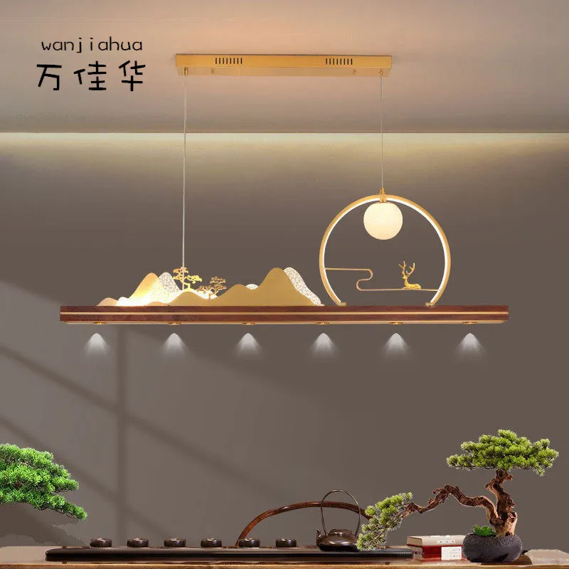 新中式餐厅吊灯全铜禅意中国风饭厅茶室吧台长条书房云石实木吊灯,家装灯饰光源,智能吊灯,淘宝优惠券,粉丝福利购,淘宝优惠卷