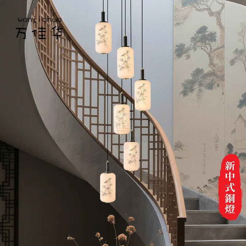 宋氏美学旋转楼梯灯长吊灯新中式全铜设计师款别墅复式楼挑空灯具,家装灯饰光源,智能吊灯,淘宝优惠券,粉丝福利购,淘宝优惠卷