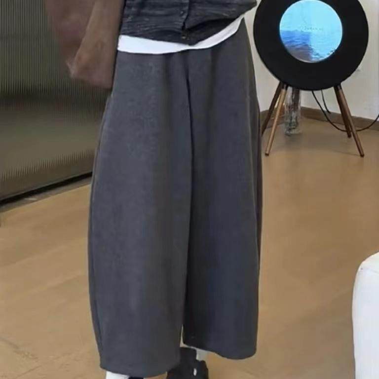 百搭显瘦松紧腰阔腿毛呢裤2024秋冬新款休闲气质慵懒风九分裤子