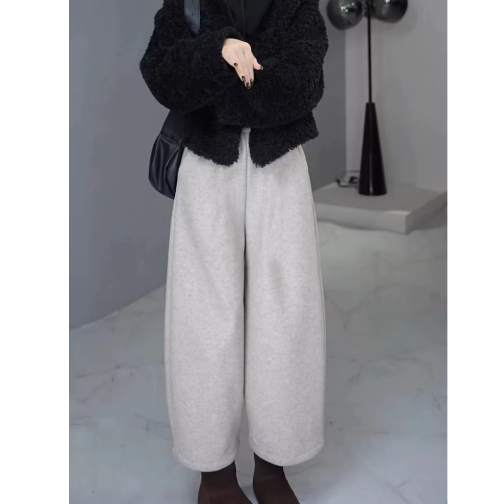 大码毛呢弯刀休闲裤女2025春秋