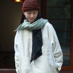 wj016 黑绿/听花 亚麻皱拼色秋冬方巾  复古文艺氛围感披肩围巾