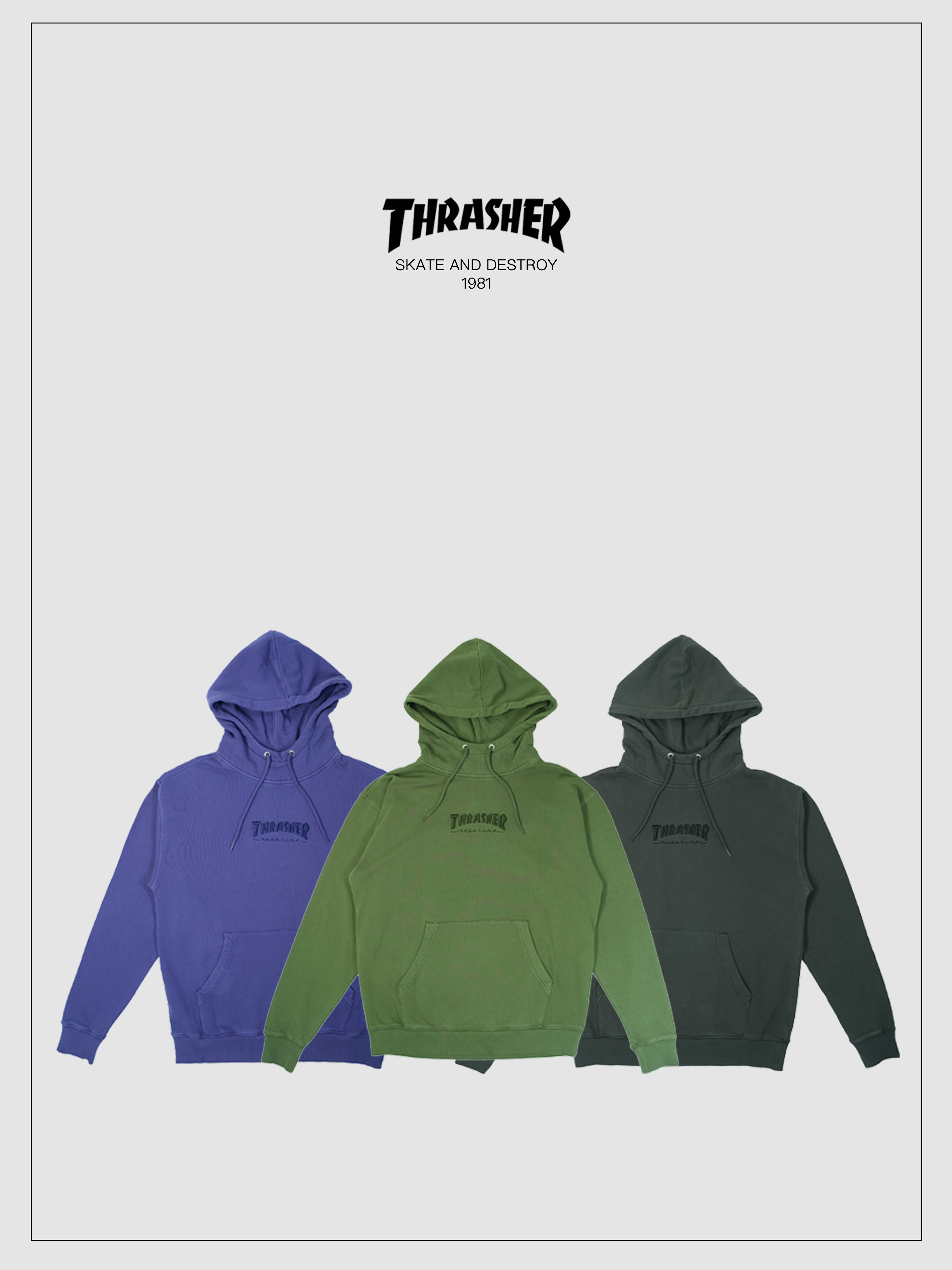 THRASHER日版重工刺绣LOGO水洗做旧连帽卫衣OVERSIZE帽衫秋冬百搭