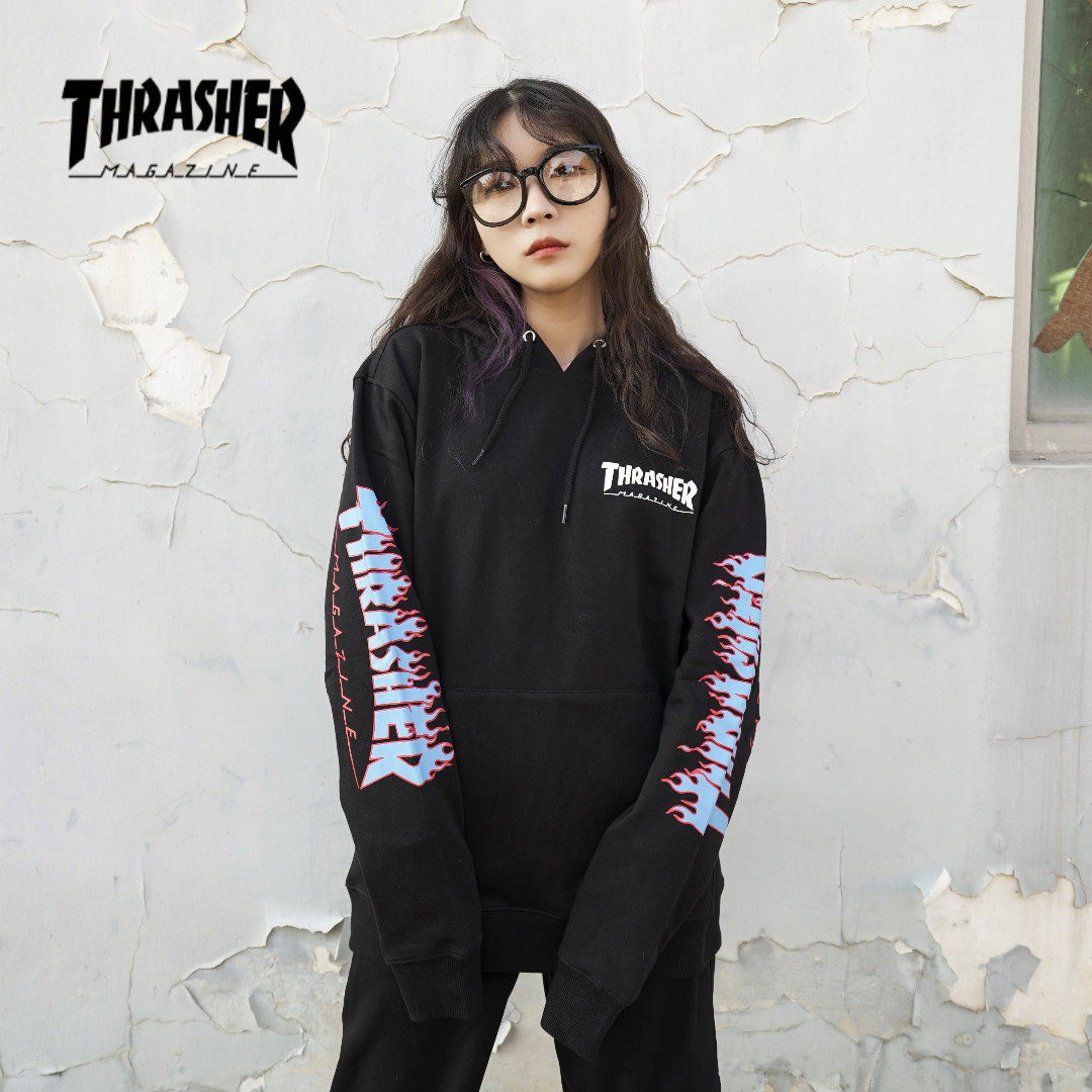 thrasher日版手臂火焰镂空印花胸口mag小标连帽卫衣oversize帽衫