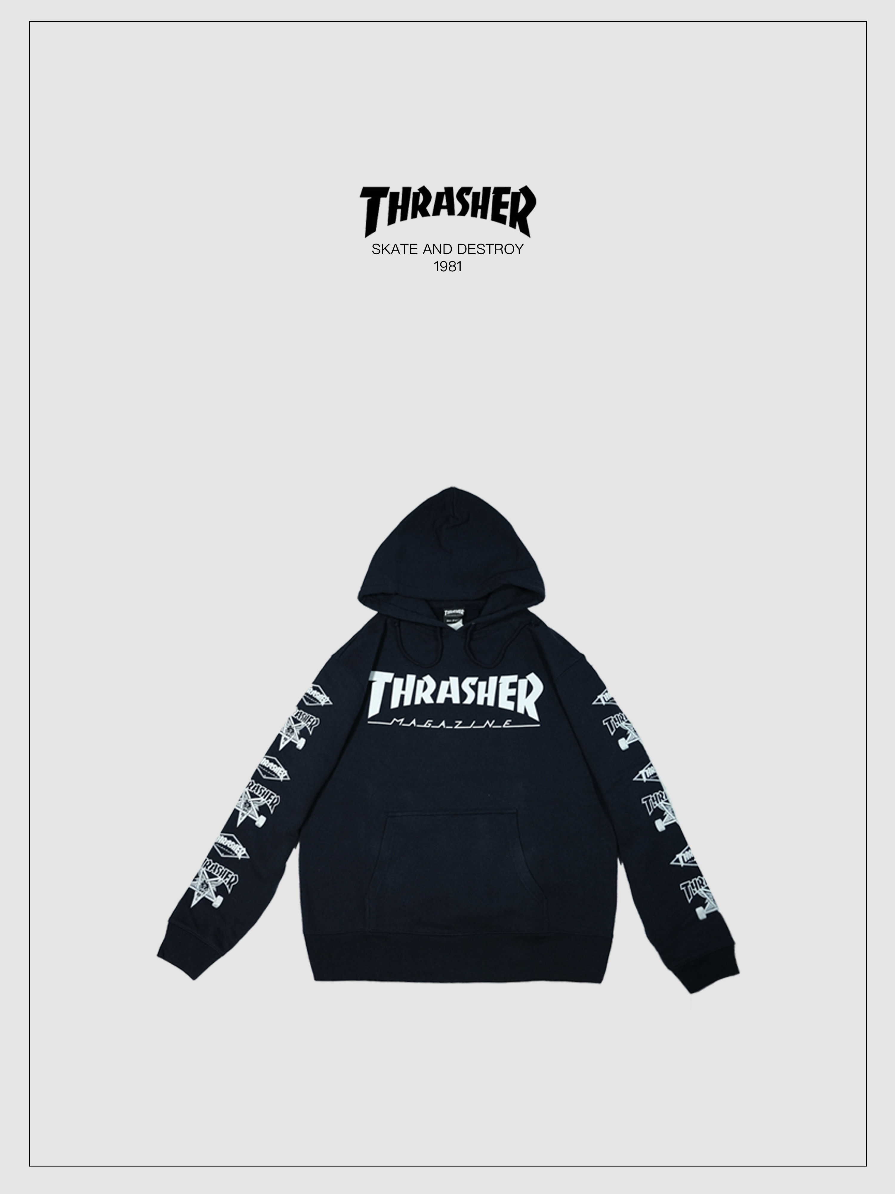 thrasher日版火焰串标字体印花连帽卫衣oversize秋冬百搭男女同款