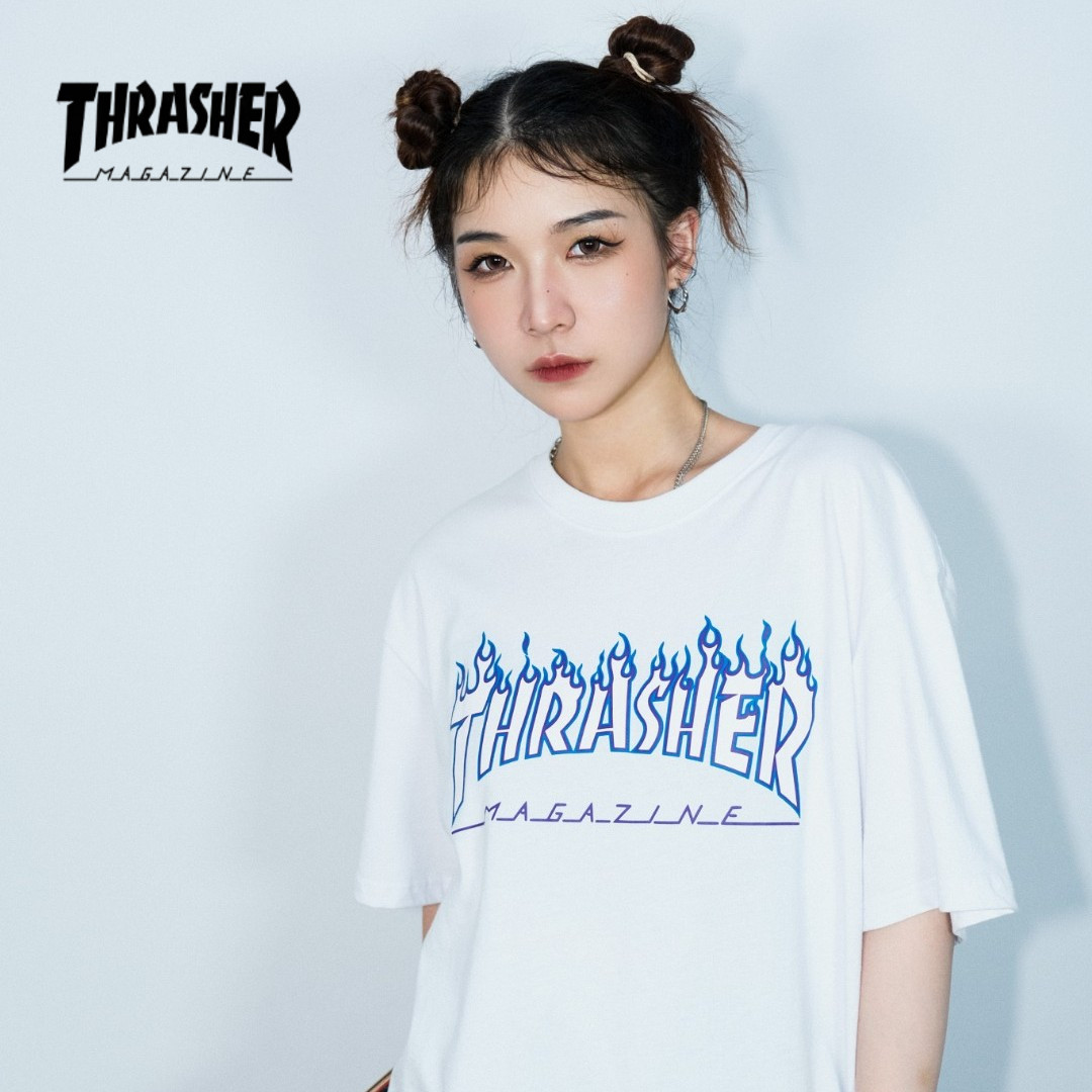 thrasher日版冰蓝镂空火焰线条印花圆领短袖t恤美式百搭男女同款
