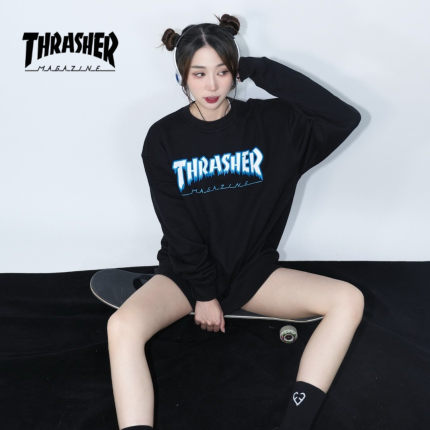 THRASHER日版冰雪火焰印花圆领卫衣美式街头oversize秋冬男女同款