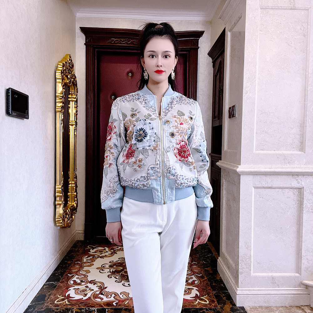 欧洲站2024新款奢华立领长袖重工钉珠浮雕花朵印花夹克外套棒球服