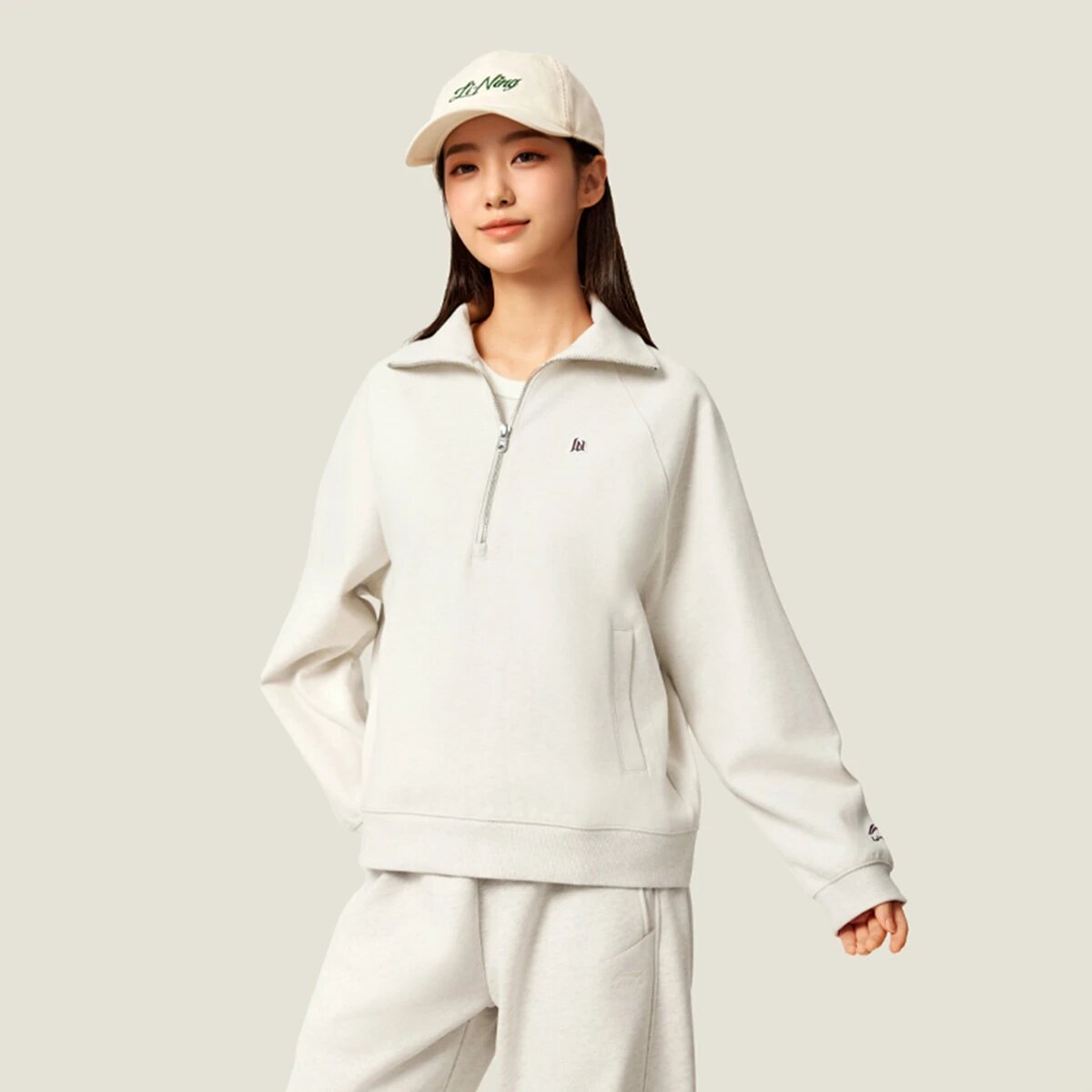 李宁半拉链卫衣女士2025款套头衫长袖翻领宽松上衣运动服AWDVC18