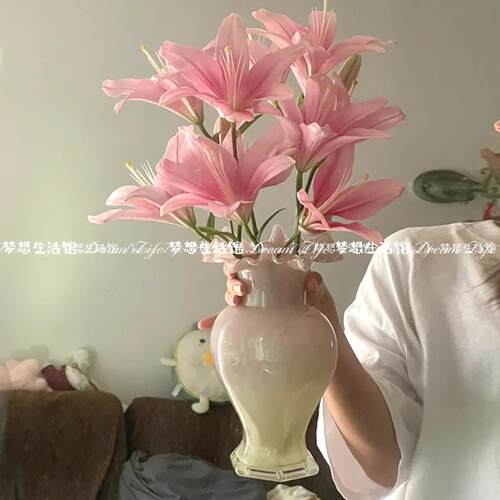 适合插百合的花瓶高级感侘寂风中古玻璃摆件水培鲜花插花装饰花器