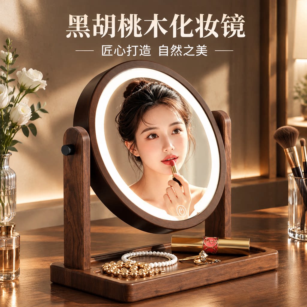 胡桃木中古风带灯双面旋转化妆镜