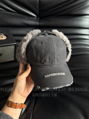 BanliCat格雷灰复古做旧毛绒护耳棒球帽女冬季保暖显脸小鸭舌帽男