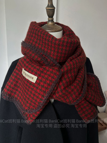 Banlicat显白安可拉红千鸟格加厚双面围巾男女2024秋冬保暖围脖韩