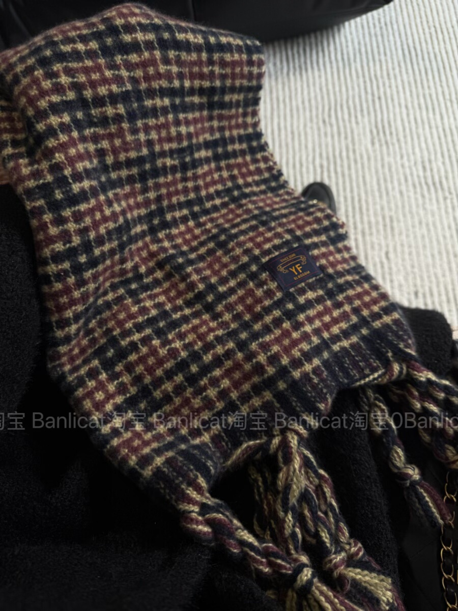 不费力高级感 黑酱紫复古格子围巾男女秋冬保暖加大流苏披肩围脖