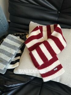 BanliCat羊毛混纺显白条纹红色圣诞新年针织围巾女冬保暖围脖情侣