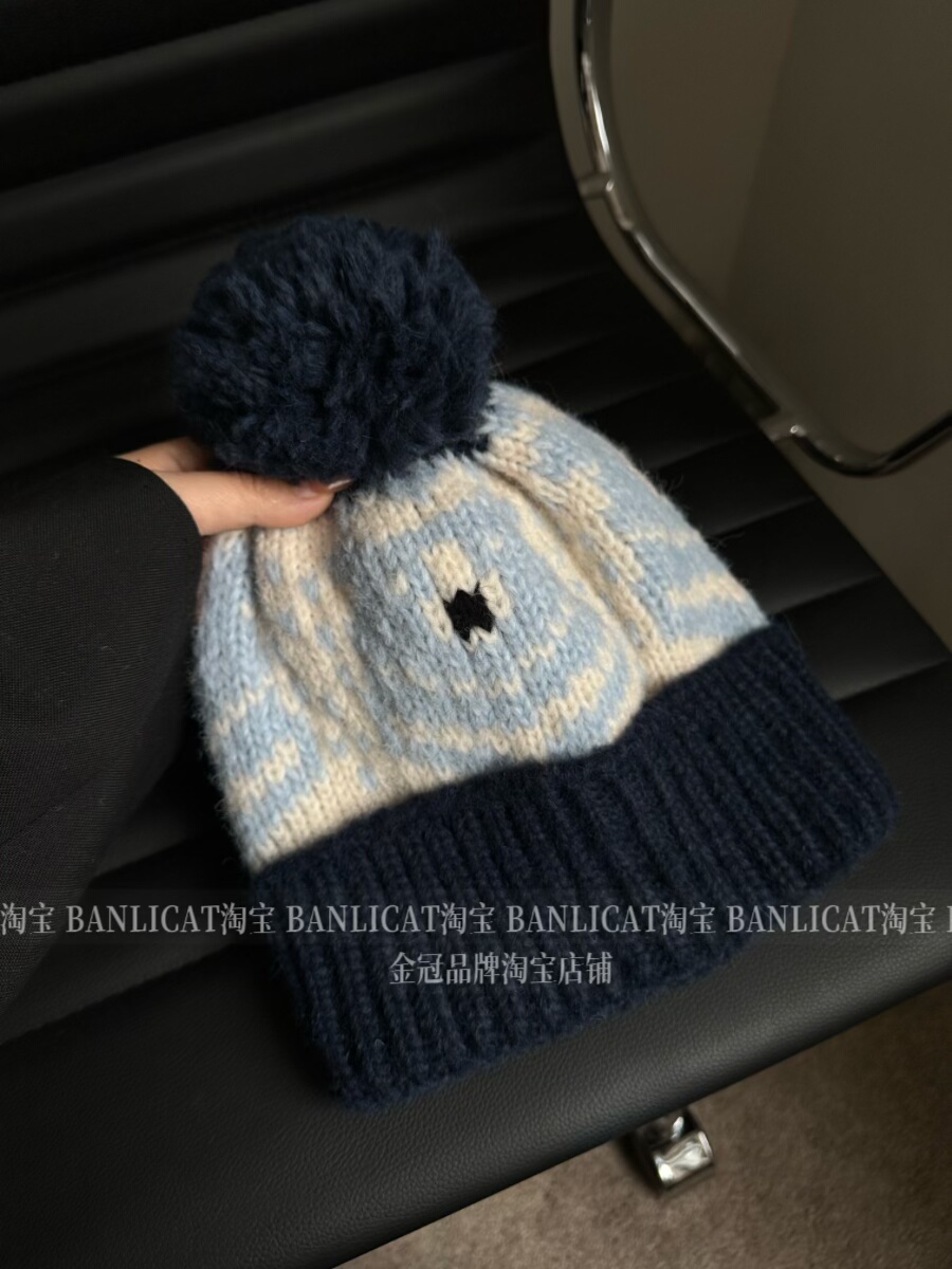 费尔岛风提花 显白蓝色针织毛线帽子女秋冬保暖显脸小护耳冷帽男
