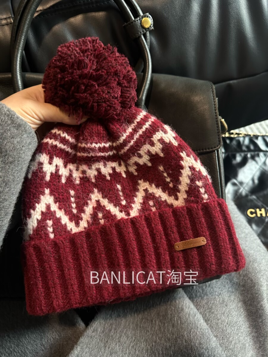 BanliCat显脸小含羊毛费尔岛保暖帽子男女秋冬护耳冷帽毛球针织帽