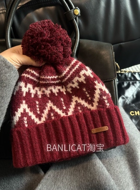 BanliCat显脸小含羊毛费尔岛保暖帽子男女秋冬护耳冷帽毛球针织帽