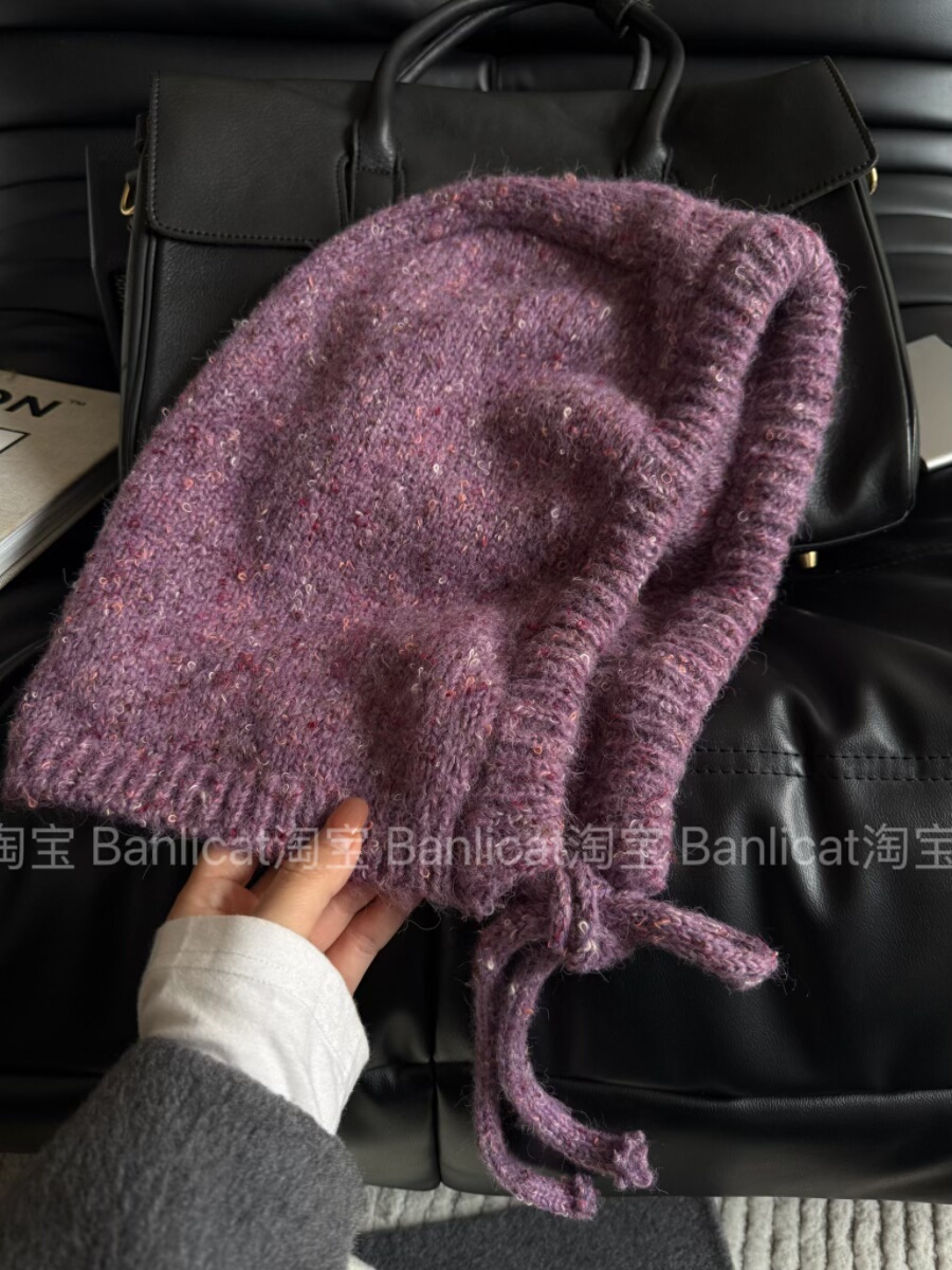 显白氛围紫巴拉克拉法帽子女韩系大头围显脸小针织毛线帽秋冬保暖