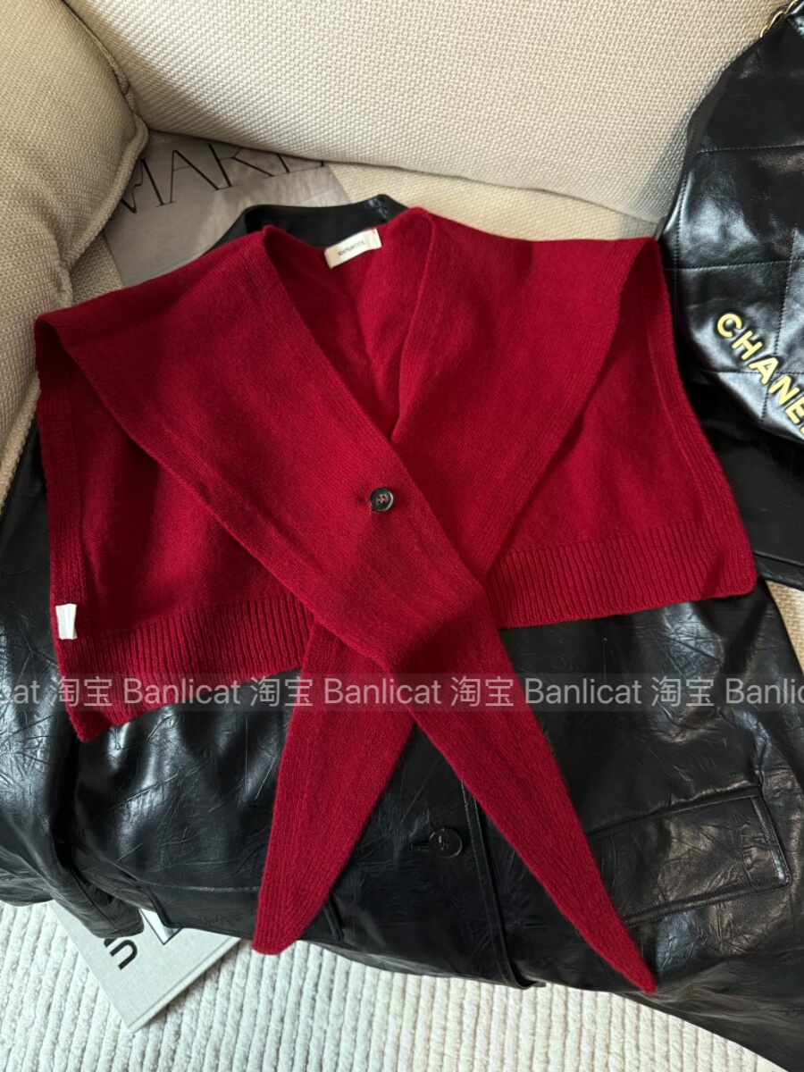 100%纯羊毛红色针织披肩女外搭假领子秋冬百搭围巾护颈空调房坎肩