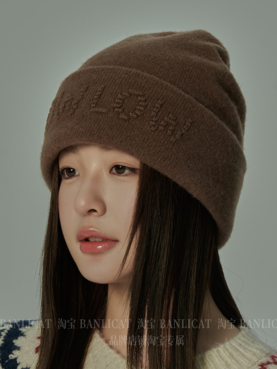 100%羊毛柔软刺绣字母冷帽针织帽男女双层护耳毛线帽保暖包头帽冬