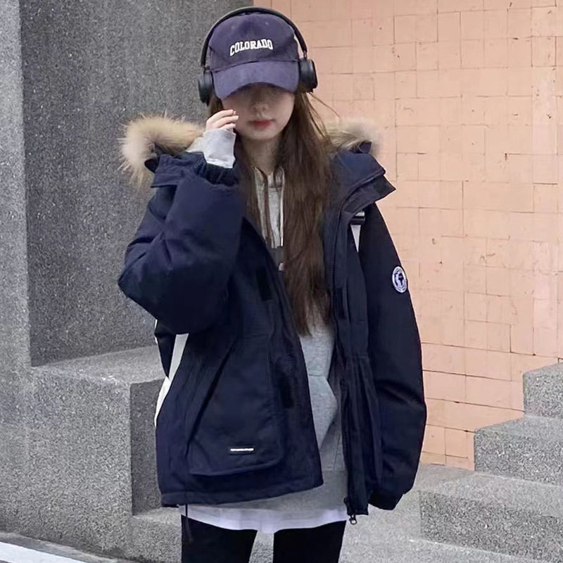 藏蓝色工装羽绒棉服派克服女冬季新款小个子韩系短款毛领加厚外套