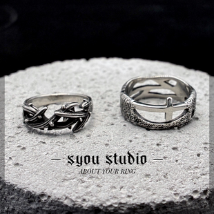 暗黑风复古荆棘花冠戒指抽象十字架男女个性藤蔓树枝指环不掉色