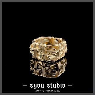 Syou复古方形金十字架钛钢戒指情侣男生高级感女小众设计哥特饰品