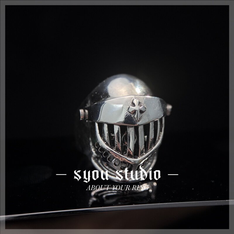 Syou复古钛钢骷髅头盔潮人戒指骑士哥特个性指环饰品暗黑小众欧美