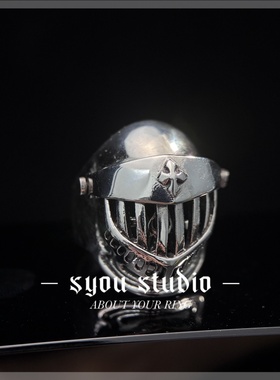 Syou复古钛钢骷髅头盔潮人戒指骑士哥特个性指环饰品暗黑小众欧美