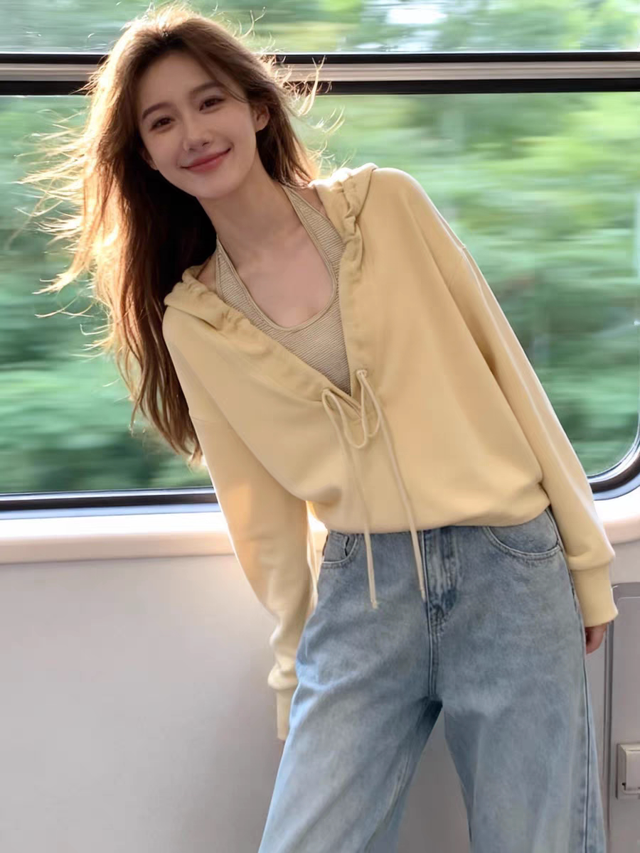 条纹背心两件套春秋款韩版宽松休闲百搭连帽卫衣女设计感外套上衣