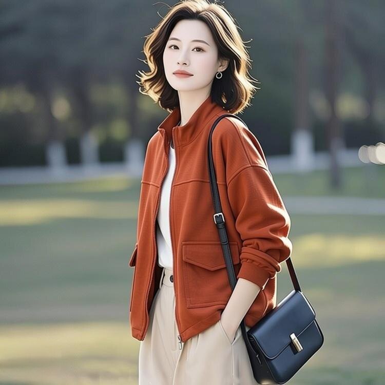 女士休闲外套春秋季2026新款洋气夹克妈妈立领开衫卫衣中年薄上衣