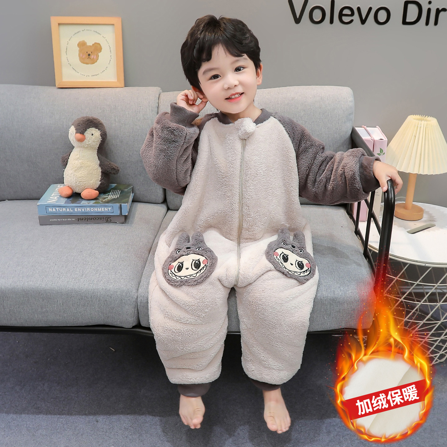 男孩连体睡衣冬季三层加棉加厚小男孩拉布布加绒防踢睡袋保暖爬服