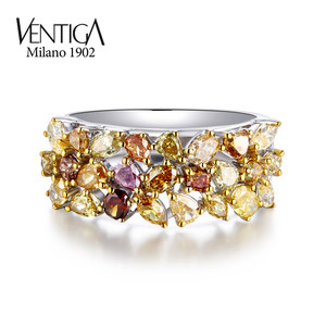 VENTIGA/梵蒂加18K白金天然彩色钻石戒指群镶异形黄钻粉钻指环女