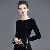 毛线上衣内搭女秋冬 黑色打底针织衫 复古毛衣女港风修身 显瘦喇叭袖