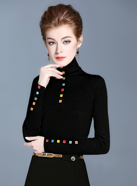 黑色高领t恤女秋冬长袖黑色显瘦上衣彩色撞色洋气百搭打底衫女冬