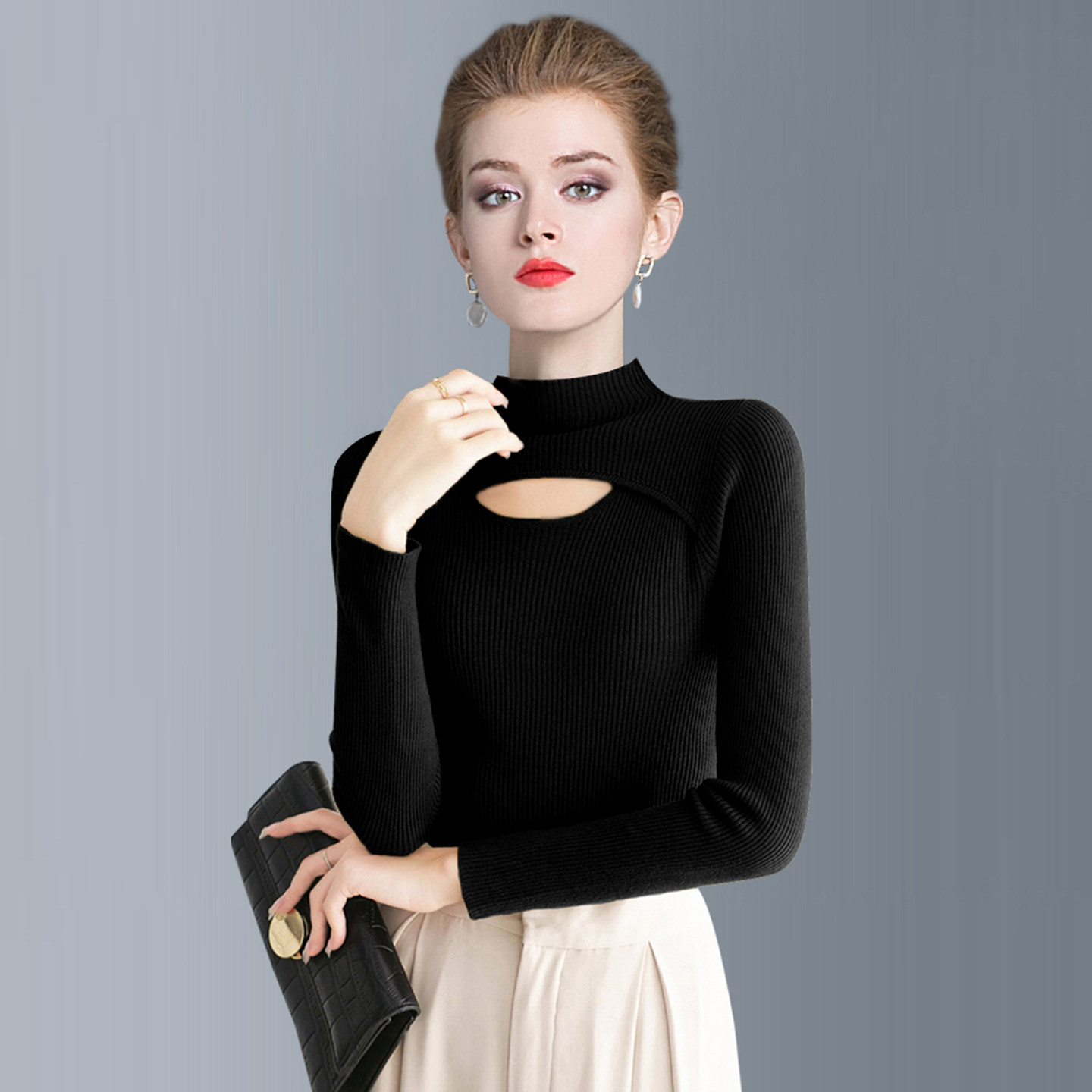 黑色毛衣女镂空半高领内搭打底衫