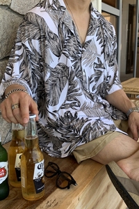 夏季气质垂感树叶纹短袖衬衫男韩版宽松落肩衬衣CT28-P45图片